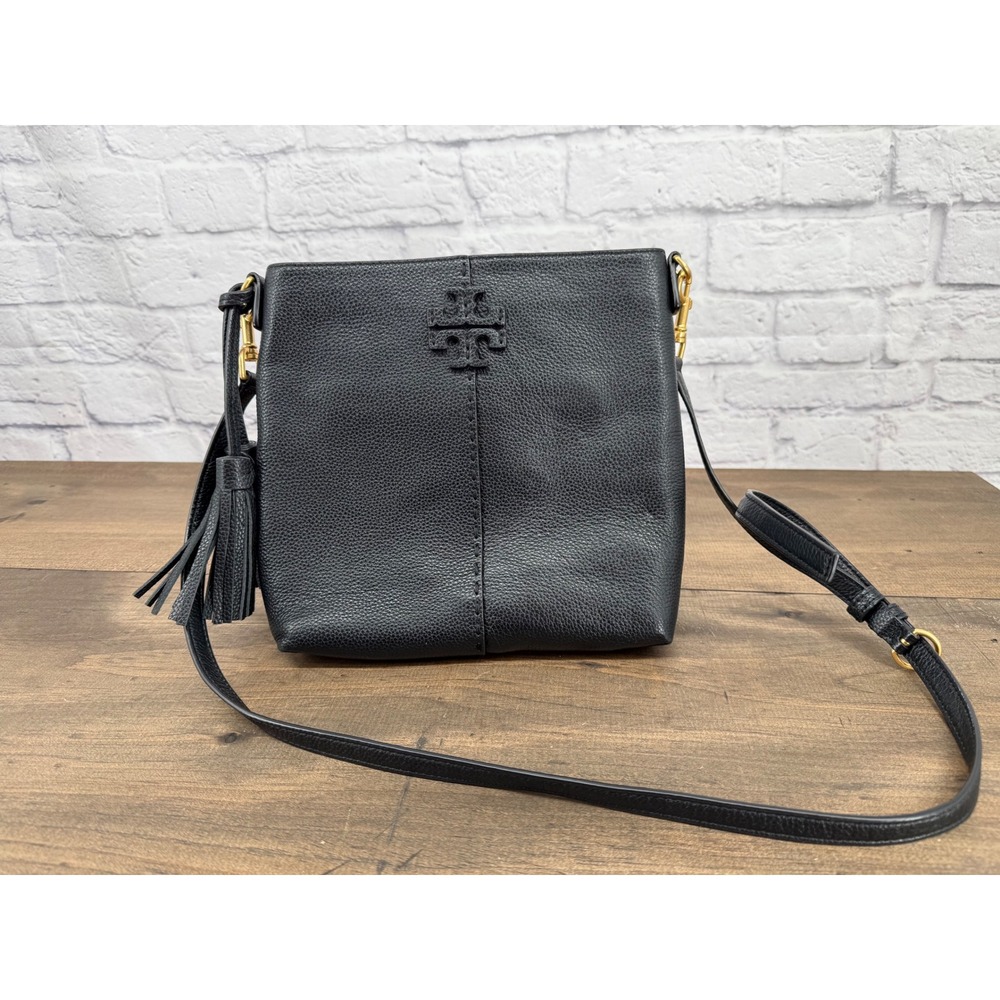 Tory Burch McGraw Crossbody Bag Black Pebbled Leather Gold Hardware Tassel